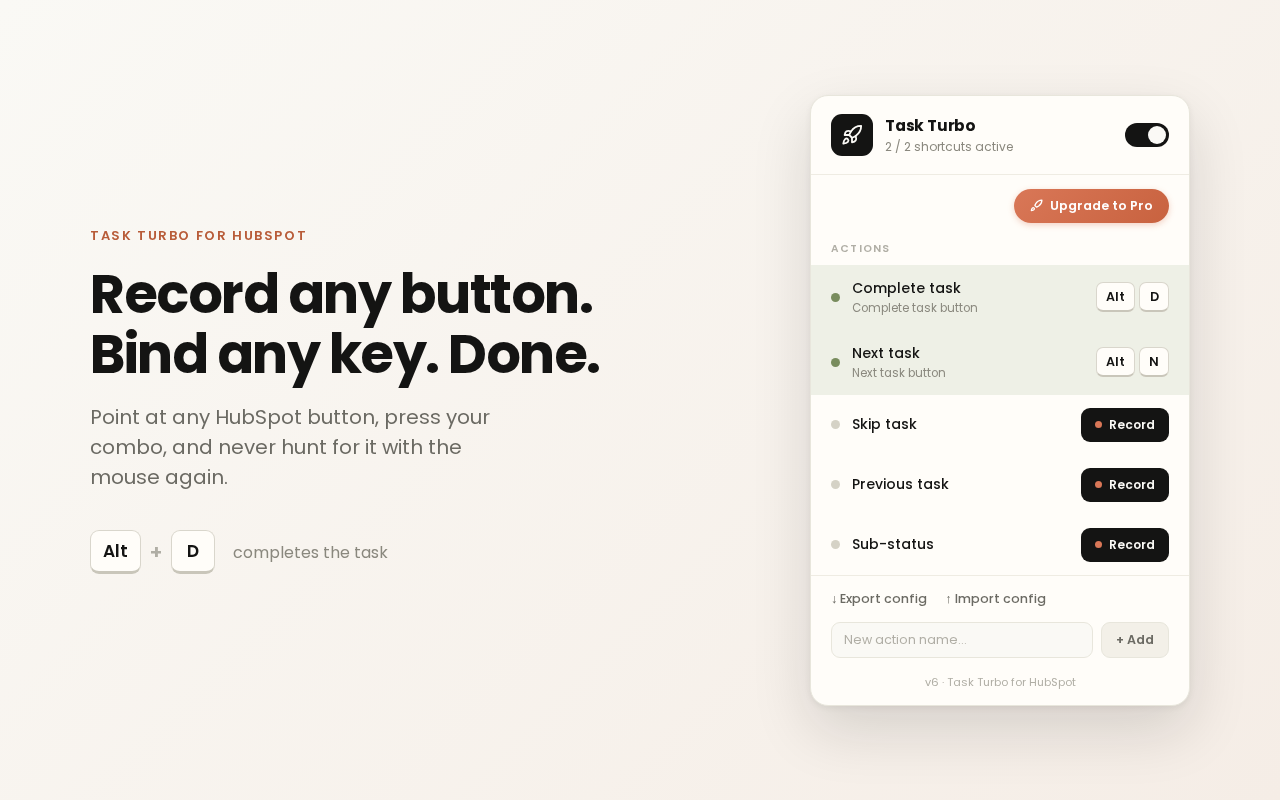 Task Turbo shortcut panel in HubSpot