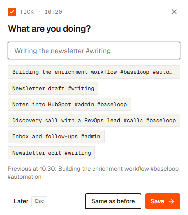 The Tick check-in window asking what are you doing